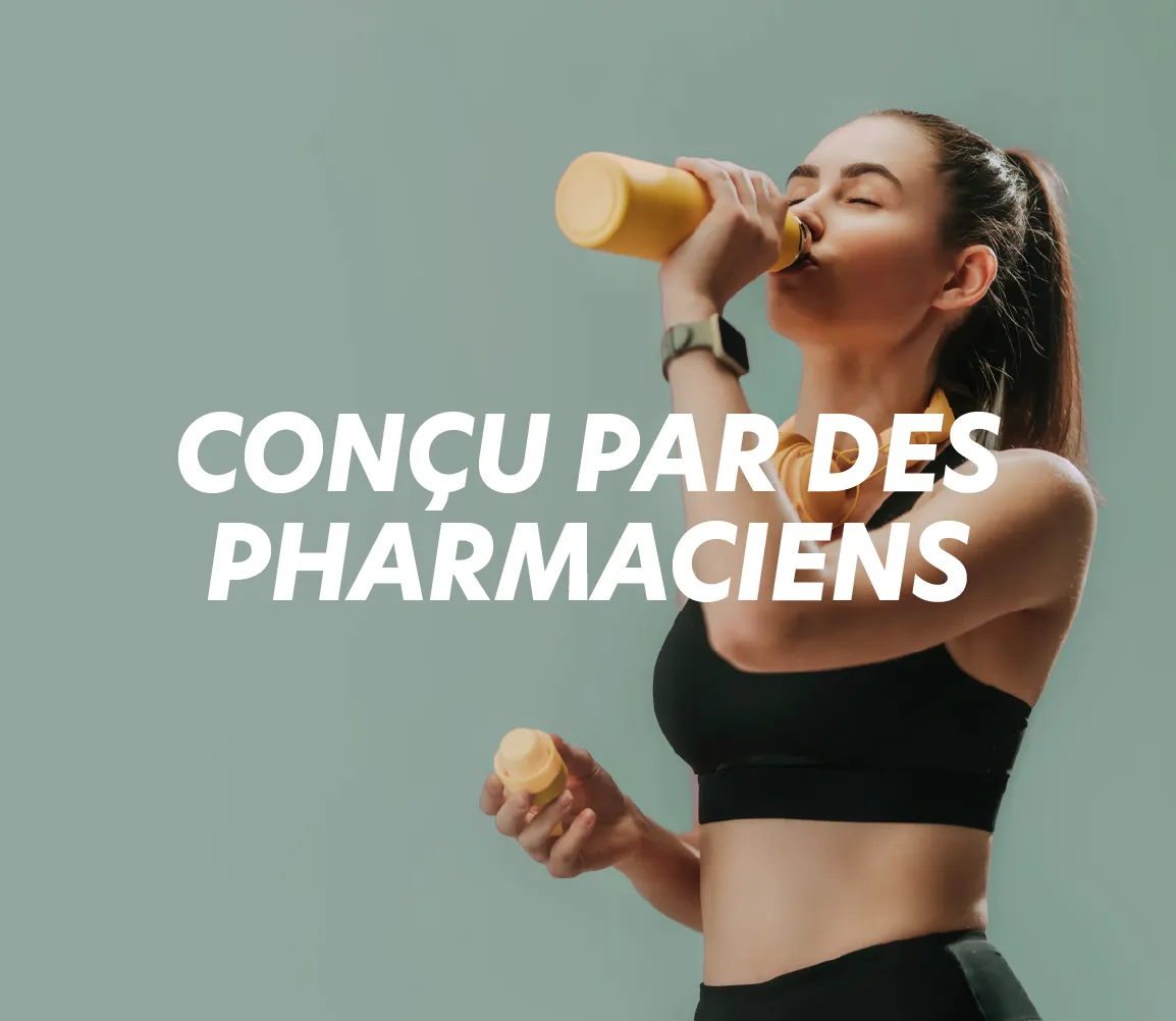 Athlète buvant un complément naturel, conçu par des pharmaciens, sans édulcorants ni additifs pour Protéalpes.