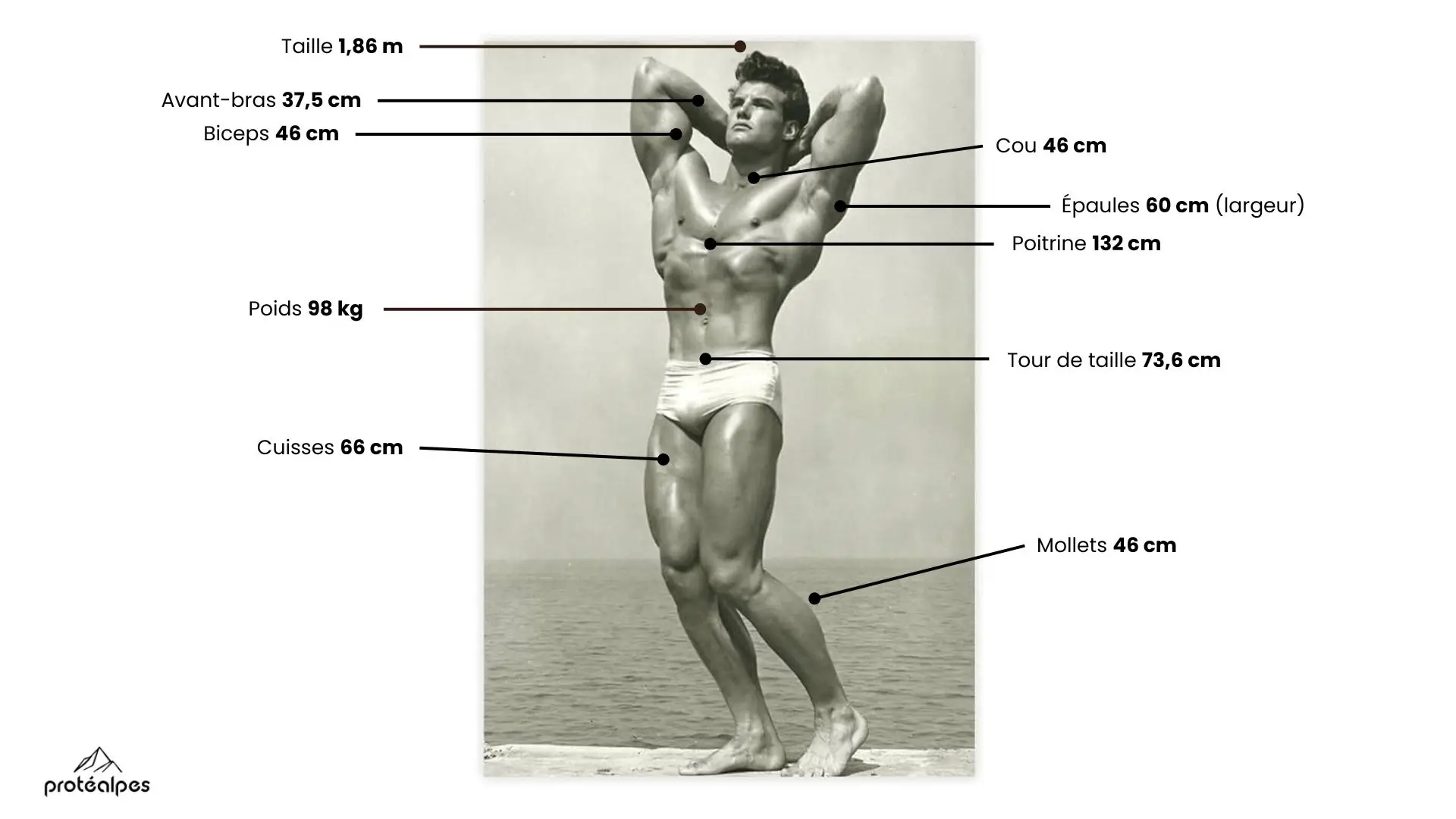 Athlète musclé montrant des mensurations, symbolisant la nutrition sportive haut de gamme de Protéalpes, sans édulcorants ni additifs.