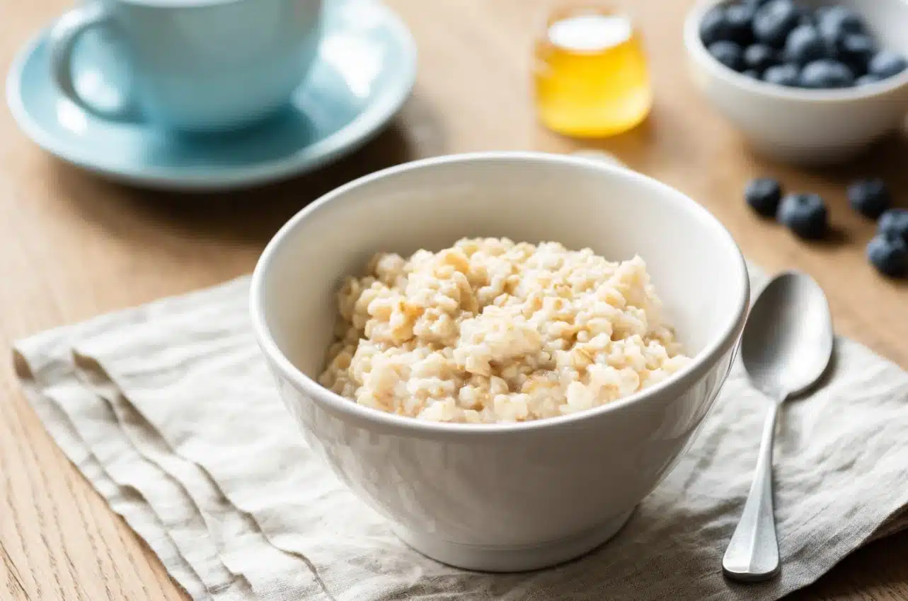 Bol de porridge sain sans additifs, accompagné de miel et myrtilles, idéal pour la nutrition sportive de qualité Protéalpes.
