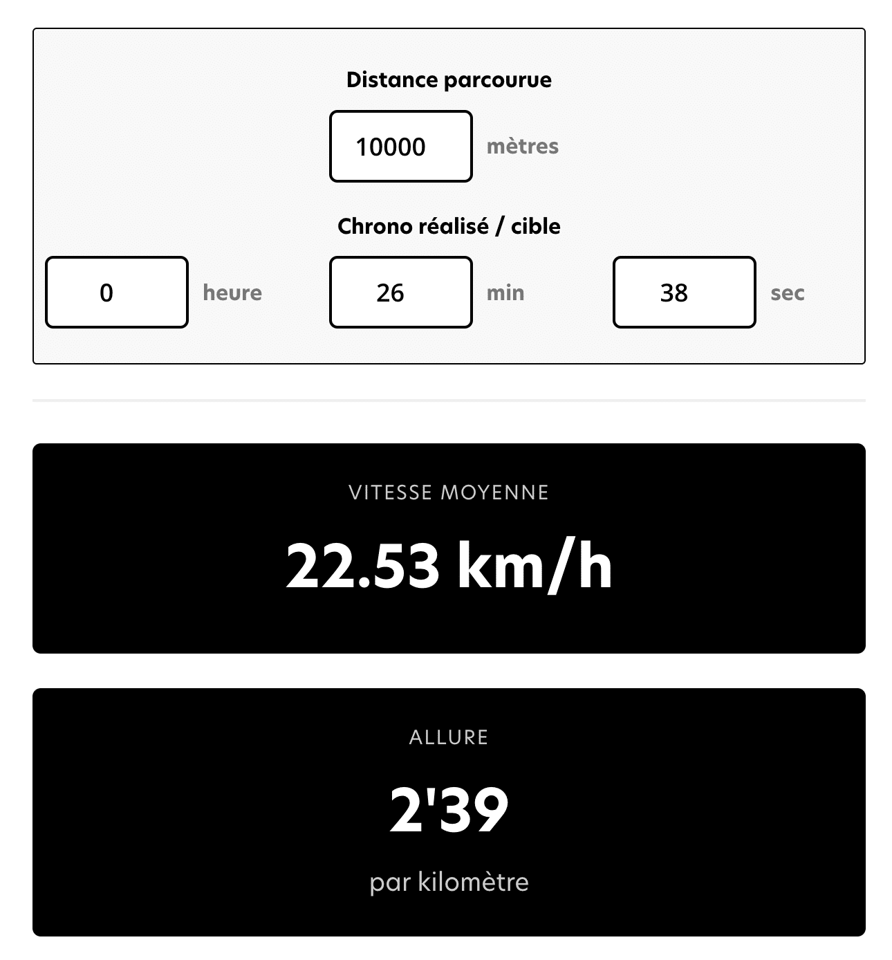 Race results: 10 km in 26 min 38 s. Average speed: 22.53 km/h, pace: 2'39/km. Protéalpes: pure sports nutrition.