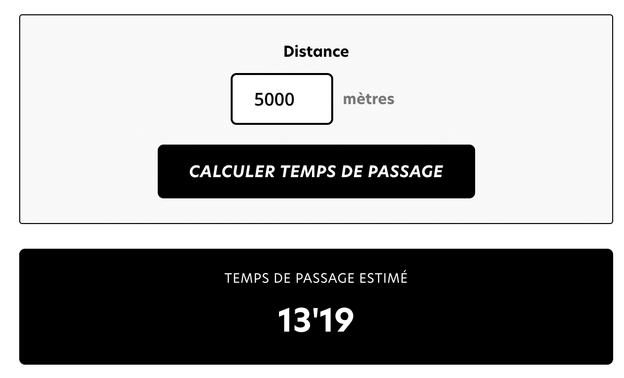 Time calculator for 5000 m, displays 13'19. Protéalpes tool to optimize your sports training.