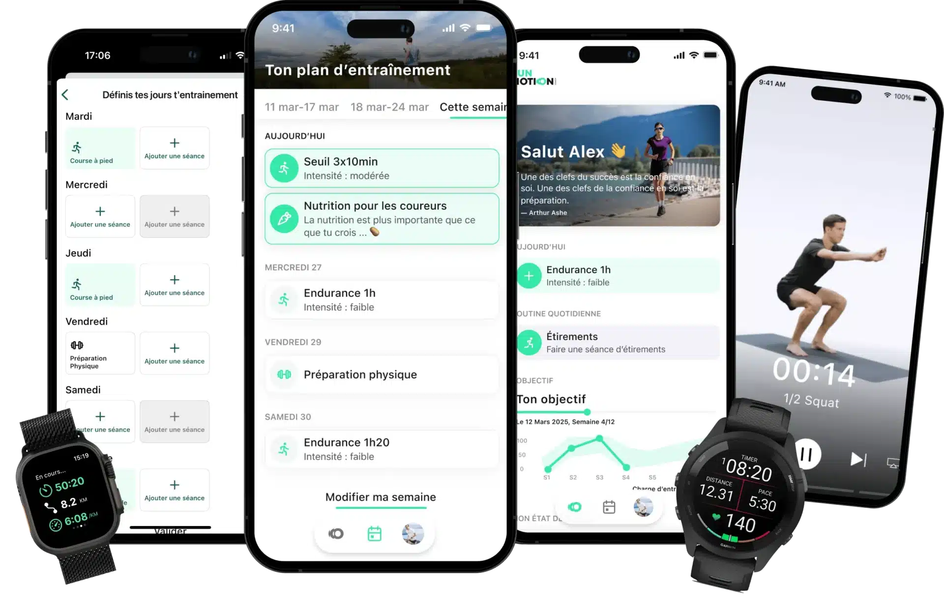 Applications sportives affichées sur smartphones et montres connectées, avec plans d'entraînement et nutrition adaptés par Protéalpes.